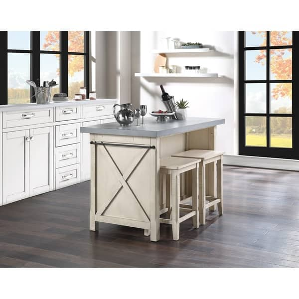 Tia Transitional Antique White Wood Multi-Storage 3-Piece Kitchen Island Set by Furniture of America - Antique White/White