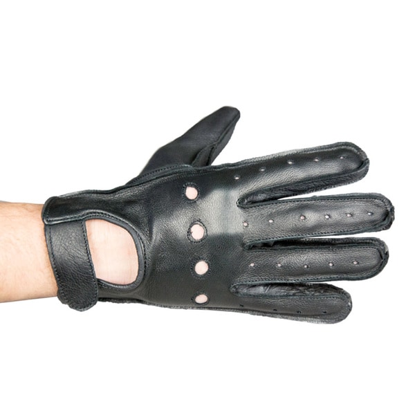 Vented Black Leather Motorcycle Gloves with Snap-style Closure