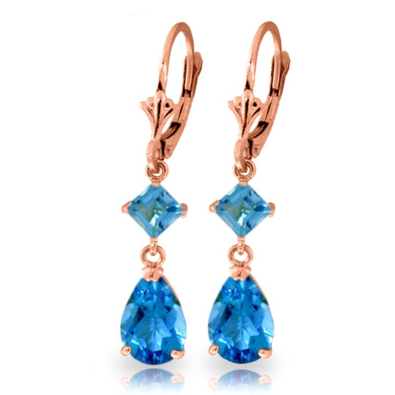 4.5 Carat 14k Solid Gold Blue Topaz Pear Cut Leverback Drop Earrings - Rose