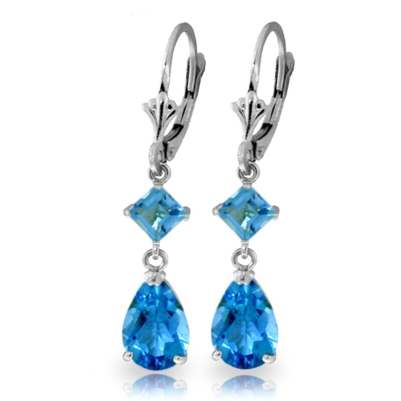 4.5 Carat 14k Solid Gold Blue Topaz Pear Cut Leverback Drop Earrings - White