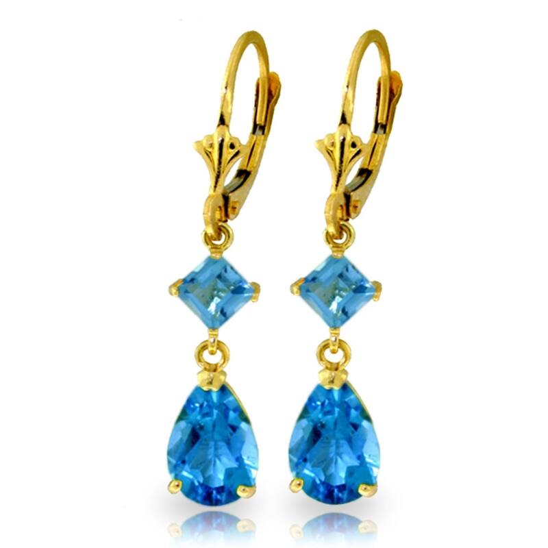 4.5 Carat 14k Solid Gold Blue Topaz Pear Cut Leverback Drop Earrings - Yellow