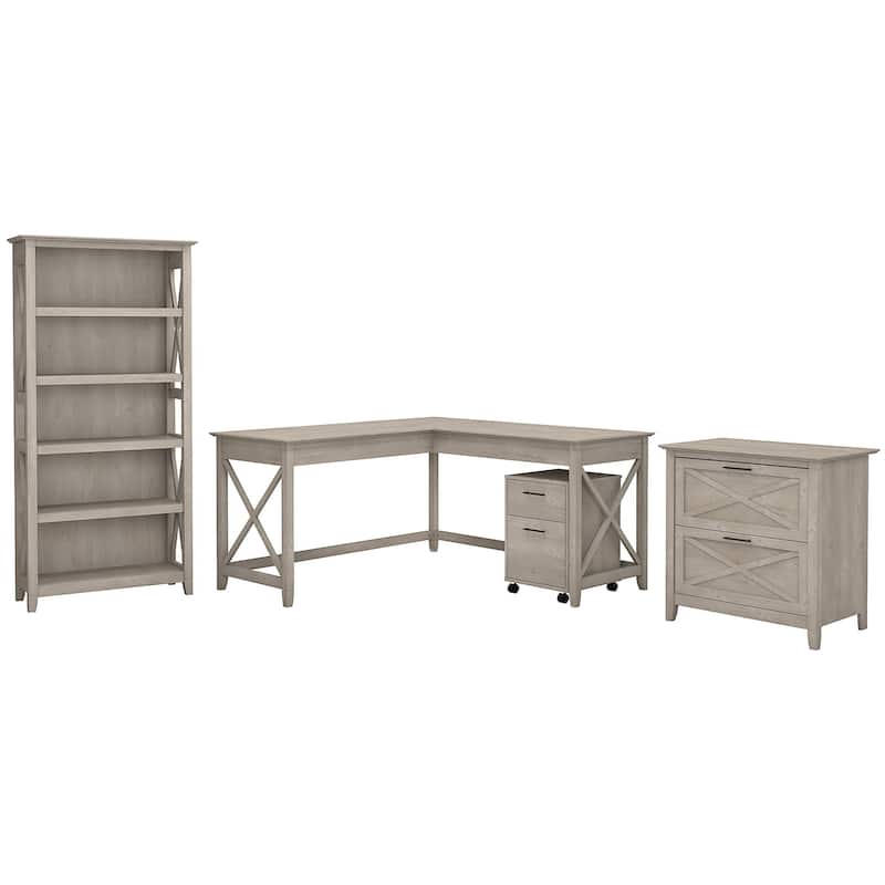 Key West 60W L Desk with File Cabinets and Bookcase by Bush Furniture