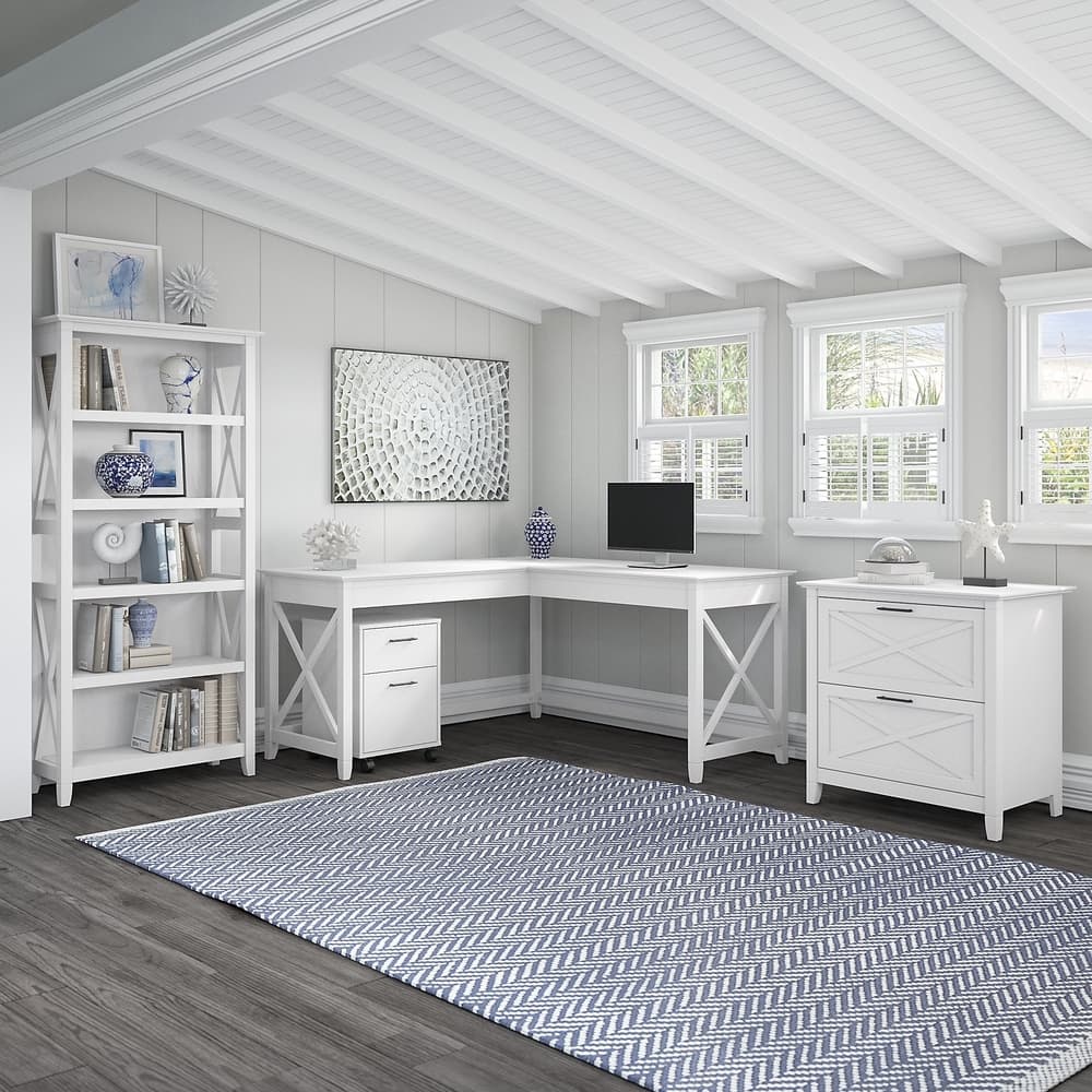 Key West 60W L Desk with File Cabinets and Bookcase by Bush Furniture