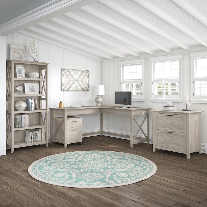 Key West 60W L Desk with File Cabinets and Bookcase by Bush Furniture - Grey
