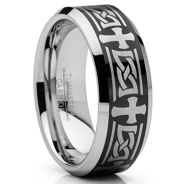 Men 8MM Comfort Fit Tungsten Carbide Wedding Band Cross Engraved Flat Ring Men 8MM Comfort Fit Tungsten Carbide Wedding Band Cross Engraved Flat Ring