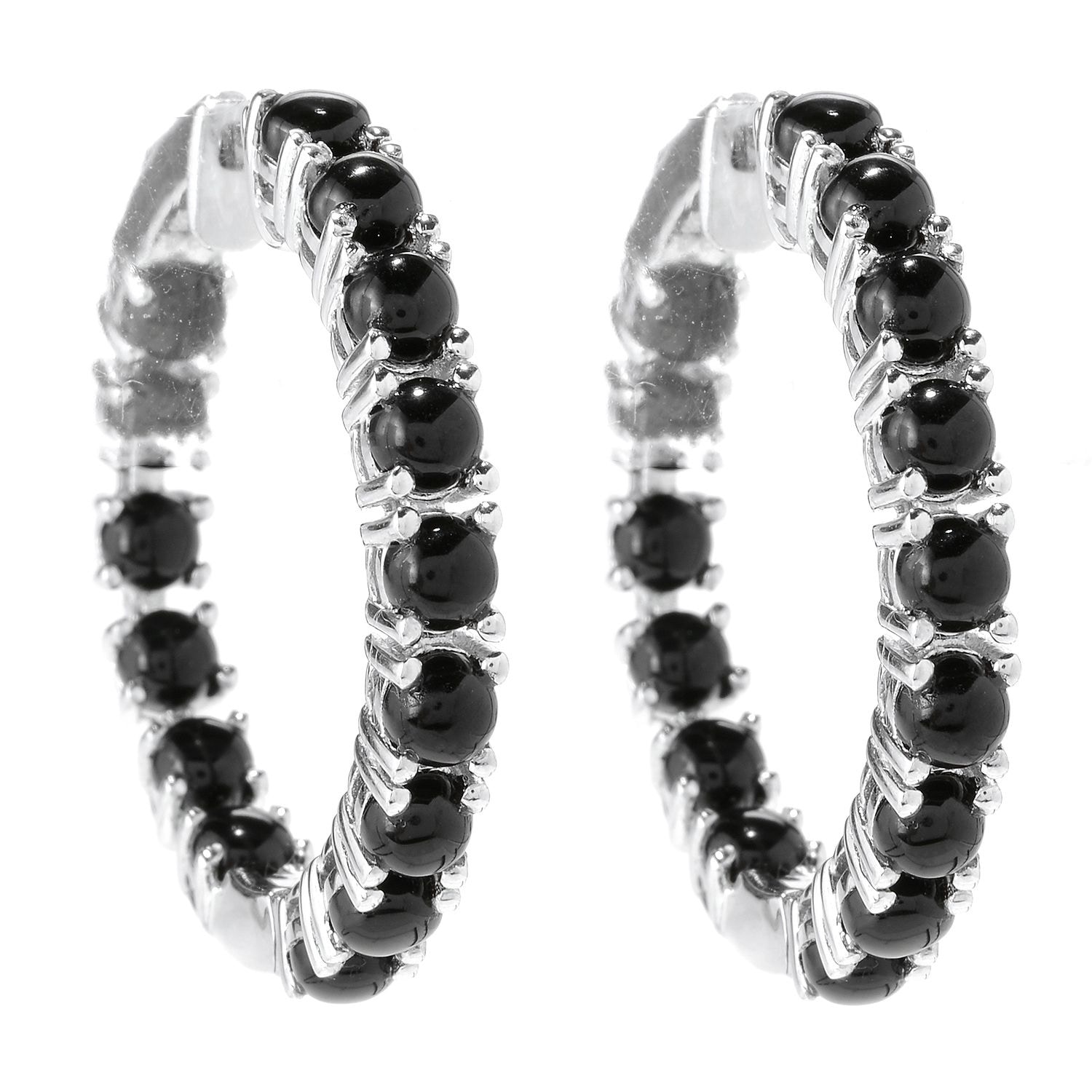 Pinctore Rhodium Over Sterling Silver 8.3Ctw Black Agate Hoop Earrings