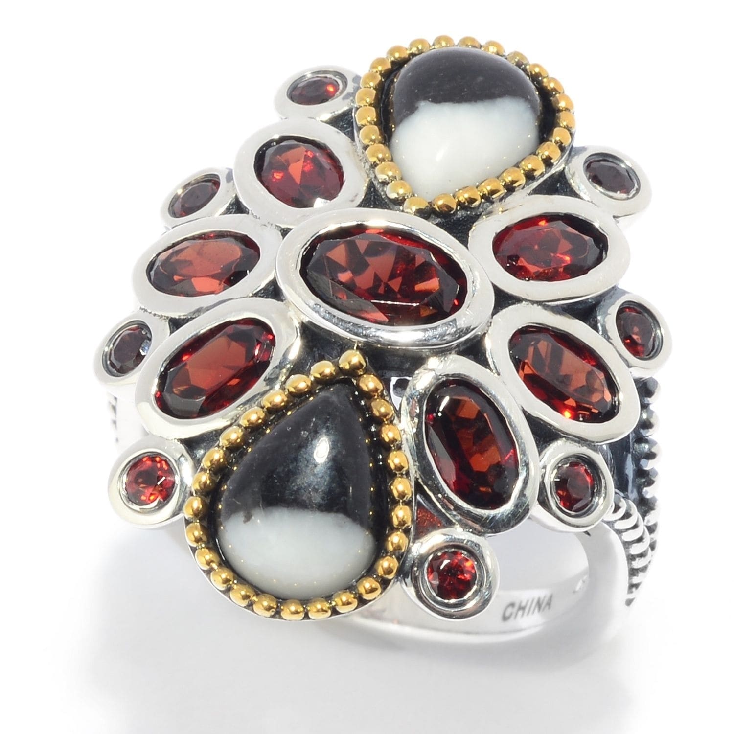Pinctore 925 Sterling Silver Red Garnet and White Buffalo Ring