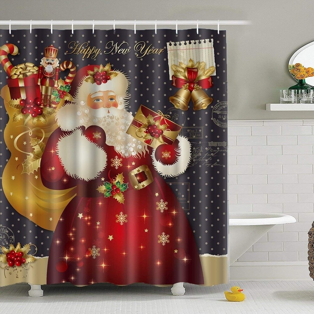 72X72" Santa Claus Christmas Gifts Shower Curtain Waterproof Bathroom Set Hooks 