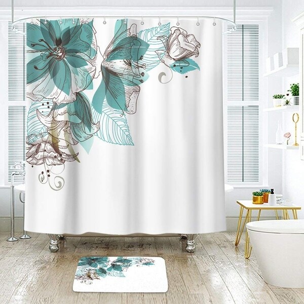 72x72'' Solid Color Bathroom Shower Curtain Waterproof Fabric 12 Hooks & Mat 
