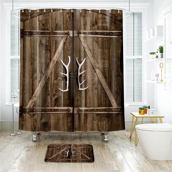 72x72'' Bath Tub Shower Curtain Waterproof & 12 Hooks Rustic Wooden Barn Door 