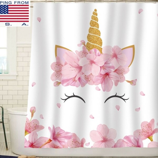 Waterproof Fabric Rainbow Stars Flower Unicorn Shower Curtain Set Bathroom Hooks 