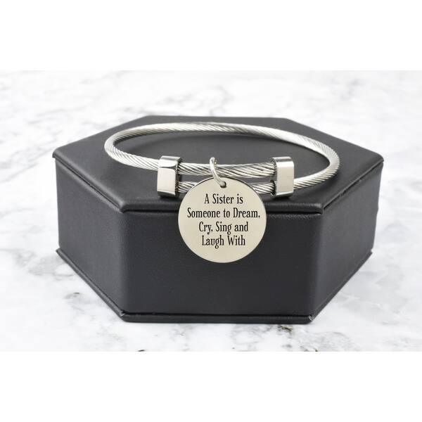 slide 1 of 1, Solid Stainless Steel Inspirational Cable Bangle by Pink Box A SISTER SILVER