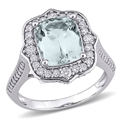 Miadora 14k White Gold Cushion-cut Aquamarine & 5/8ct TDW Diamond Halo Cocktail Ring
