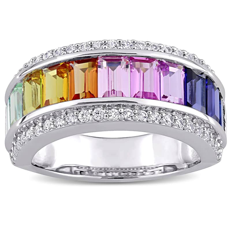 Multi-Color Created Sapphire Anniversary Band in Sterling Silver by Miadora