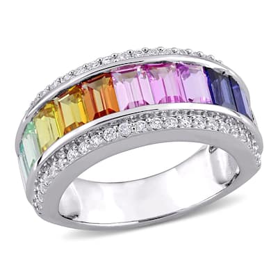 Multi-Color Created Sapphire Anniversary Band in Sterling Silver by Miadora
