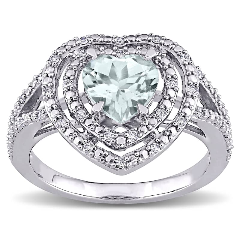 Miadora 10k White Gold Aquamarine and 1/5ct TDW Diamond Double Halo Heart Split Shank Ring