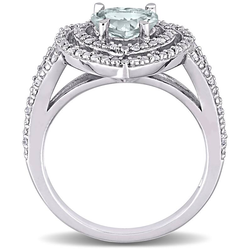 Miadora 10k White Gold Aquamarine and 1/5ct TDW Diamond Double Halo Heart Split Shank Ring