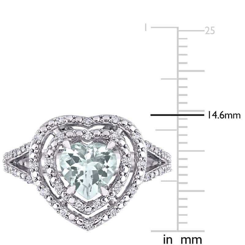 Miadora 10k White Gold Aquamarine and 1/5ct TDW Diamond Double Halo Heart Split Shank Ring