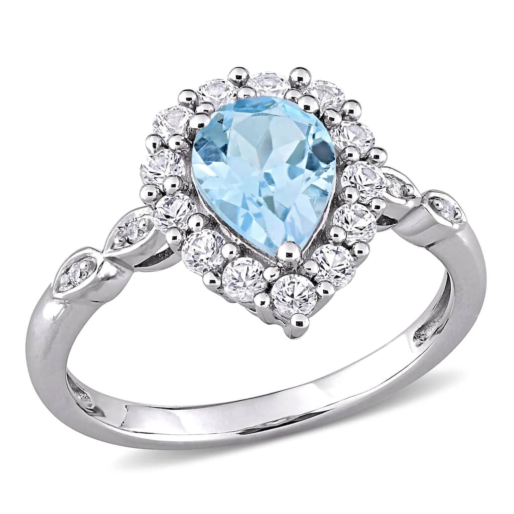 Miadora 10k White Gold Sky-Blue Topaz Created White Sapphire & Diamond Teardrop Halo Engagement Ring