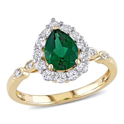 Miadora 10k Yellow Gold Created Emerald, Created White Sapphire & Diamond Teardrop Halo Engagement Ring