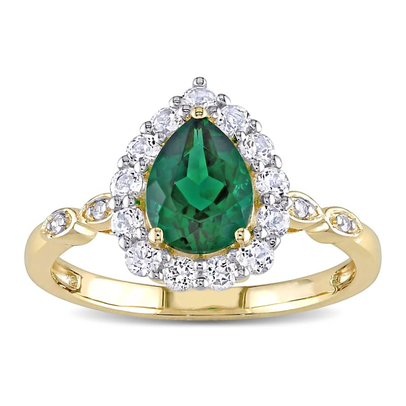 Miadora 10k Yellow Gold Created Emerald, Created White Sapphire & Diamond Teardrop Halo Engagement Ring