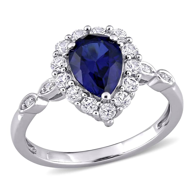 Miadora 10k White Gold Created Blue & White Sapphire with Diamond Teardrop Halo Engagement Ring