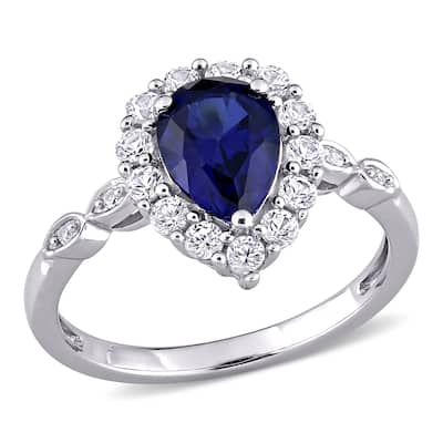 Miadora 10k White Gold Created Blue & White Sapphire with Diamond Teardrop Halo Engagement Ring