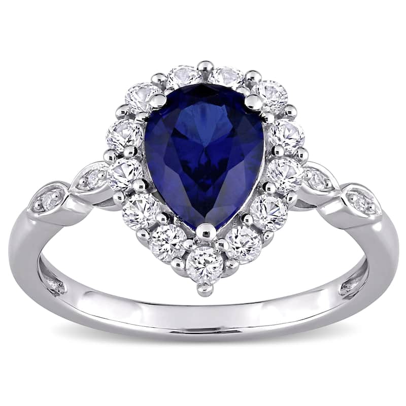 Miadora 10k White Gold Created Blue & White Sapphire with Diamond Teardrop Halo Engagement Ring