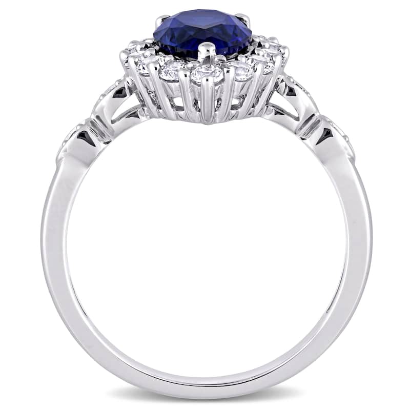 Miadora 10k White Gold Created Blue & White Sapphire with Diamond Teardrop Halo Engagement Ring