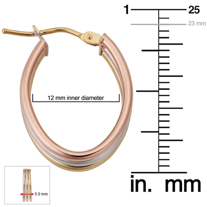 14k Tricolor Yellow White and Rose Gold High Polish Triple Oval Hoop Earrings