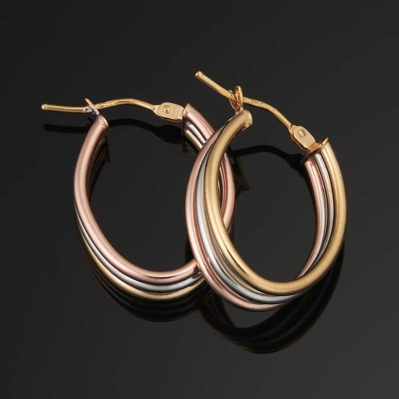 14k Tricolor Yellow White and Rose Gold High Polish Triple Oval Hoop Earrings