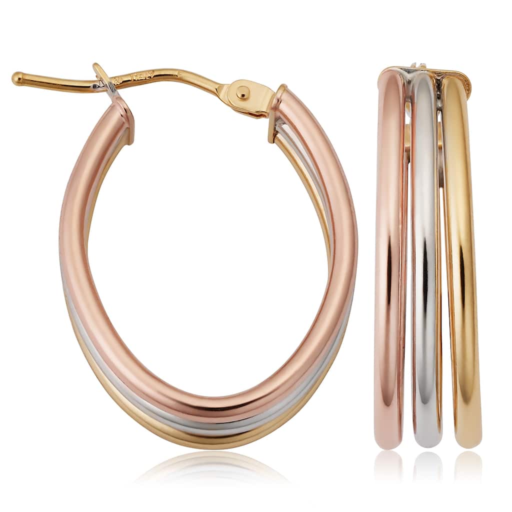 14k Tricolor Yellow White and Rose Gold High Polish Triple Oval Hoop Earrings