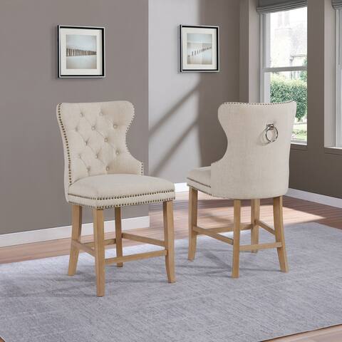 Best Quality Furniture Linen Fabric Button Tufted Counter Height Chairs with Ring Back Handle (Set of 2)