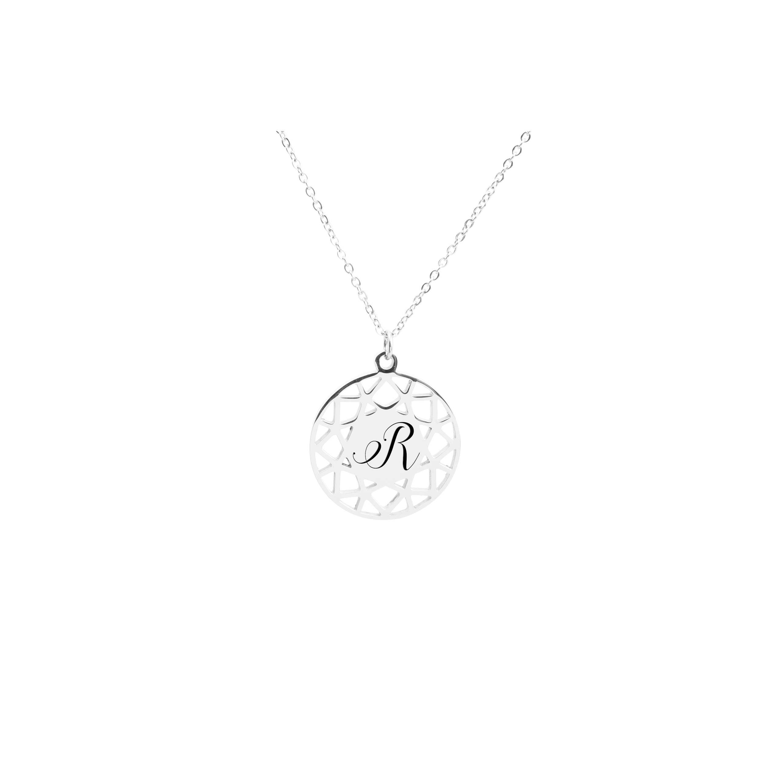 R Silver Pink Box Symmetrical Initial Disc Necklace