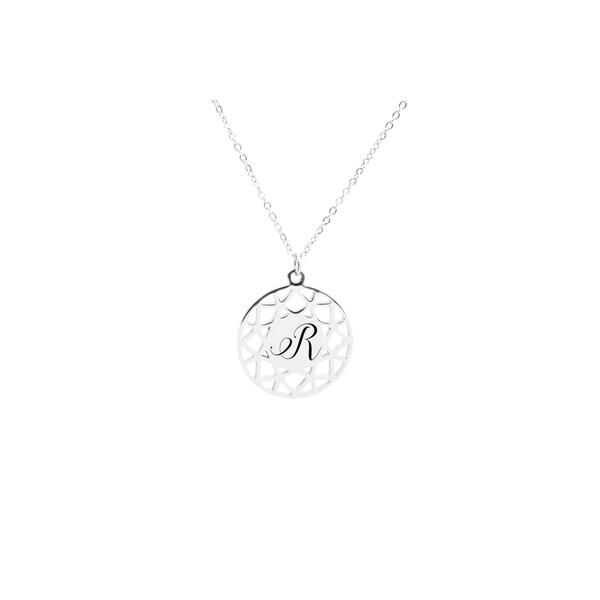 R Silver Pink Box Symmetrical Initial Disc Necklace