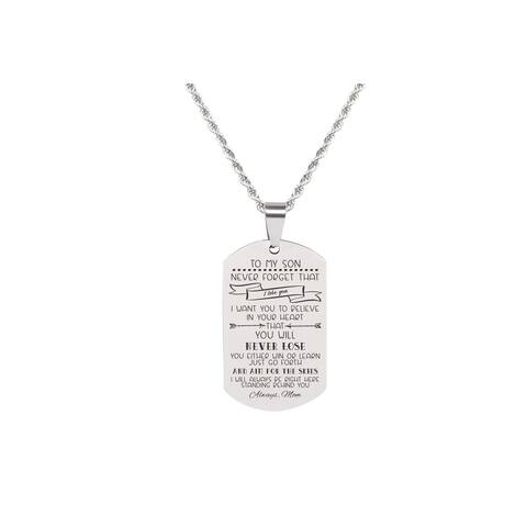 Solid Stainless Steel Sentimental Message Tag Necklace by Pink Box Part 1 to Son From Mom Silver