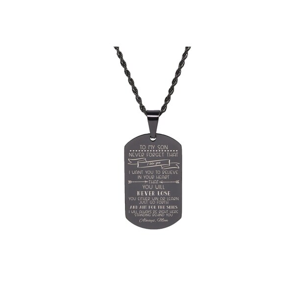 Solid Stainless Steel Sentimental Message Tag Necklace by Pink Box Part 1 to Son From Mom Black. Opens flyout.
