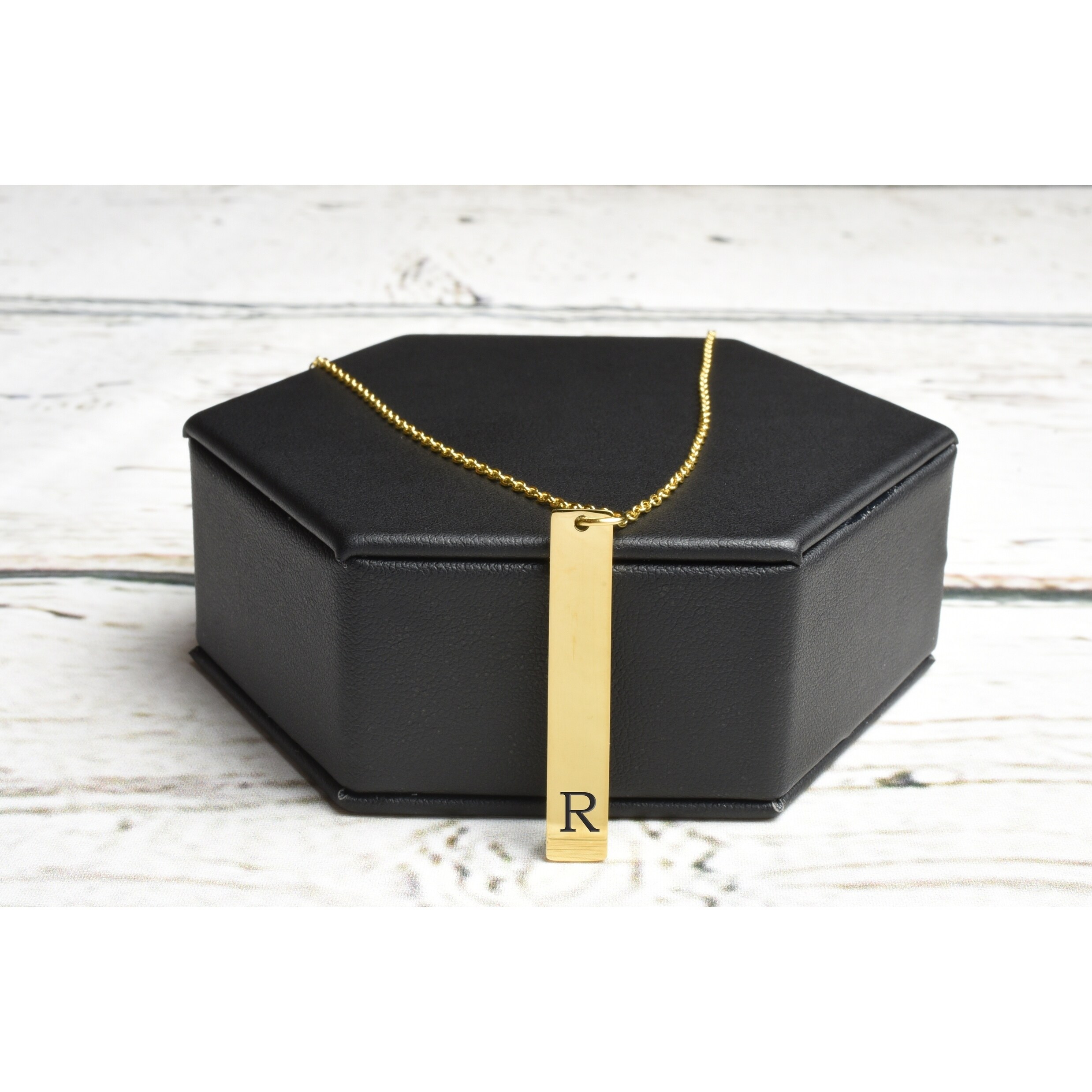 Pink Box Vertical Initial Bar Necklace Multiple Colors Available P Gold Pink Box Vertical Initial Bar Necklace Multiple Colors Available P Gold