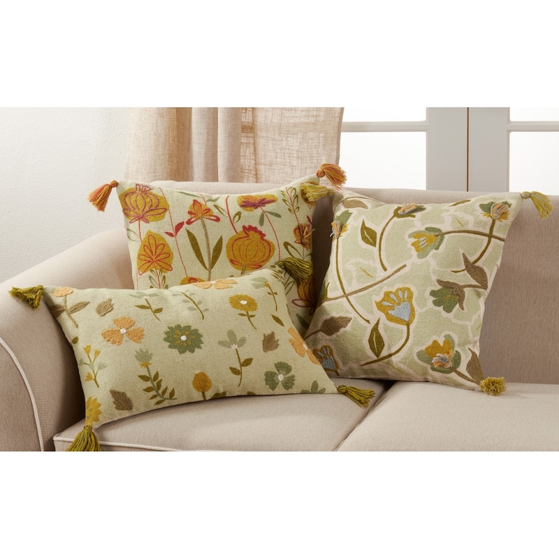 Throw Pillow With Embroidered Floral Design - 16"x24" - Feather Down