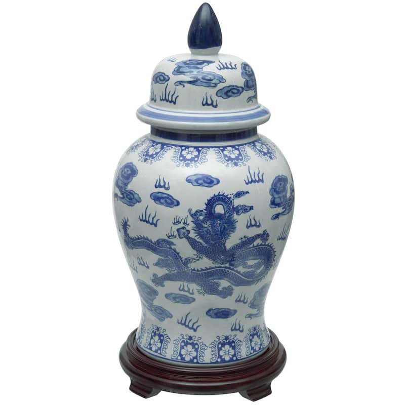 Handmade 18" Dragon Blue and White Porcelain Temple Jar