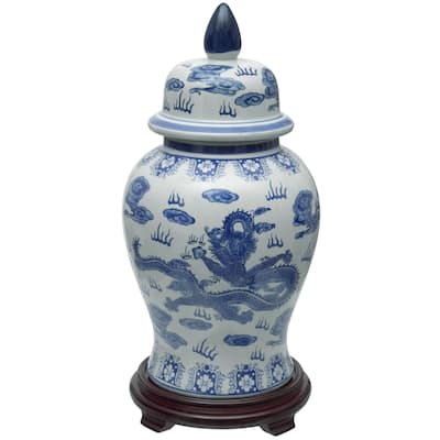 Handmade 18" Dragon Blue and White Porcelain Temple Jar