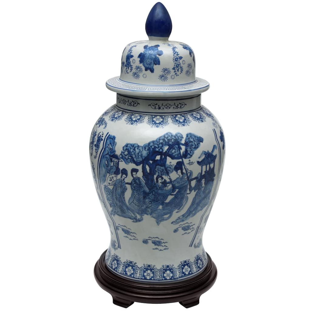 Handmade 24" Ladies Blue and White Porcelain Temple Jar