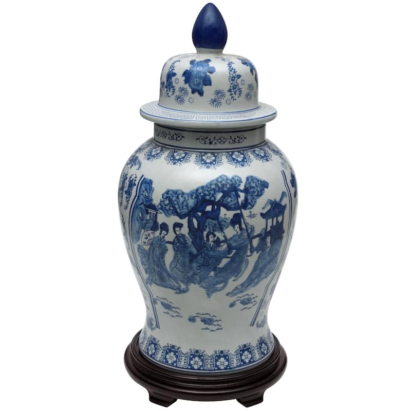 Handmade 24" Ladies Blue and White Porcelain Temple Jar