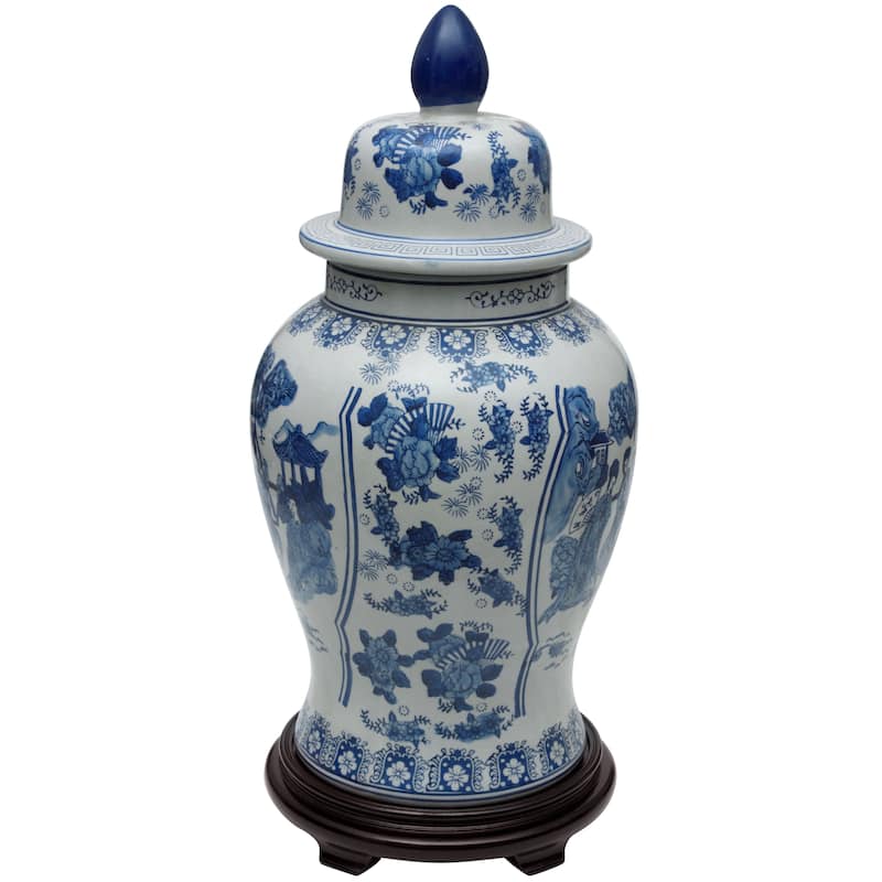 Handmade 24" Ladies Blue and White Porcelain Temple Jar