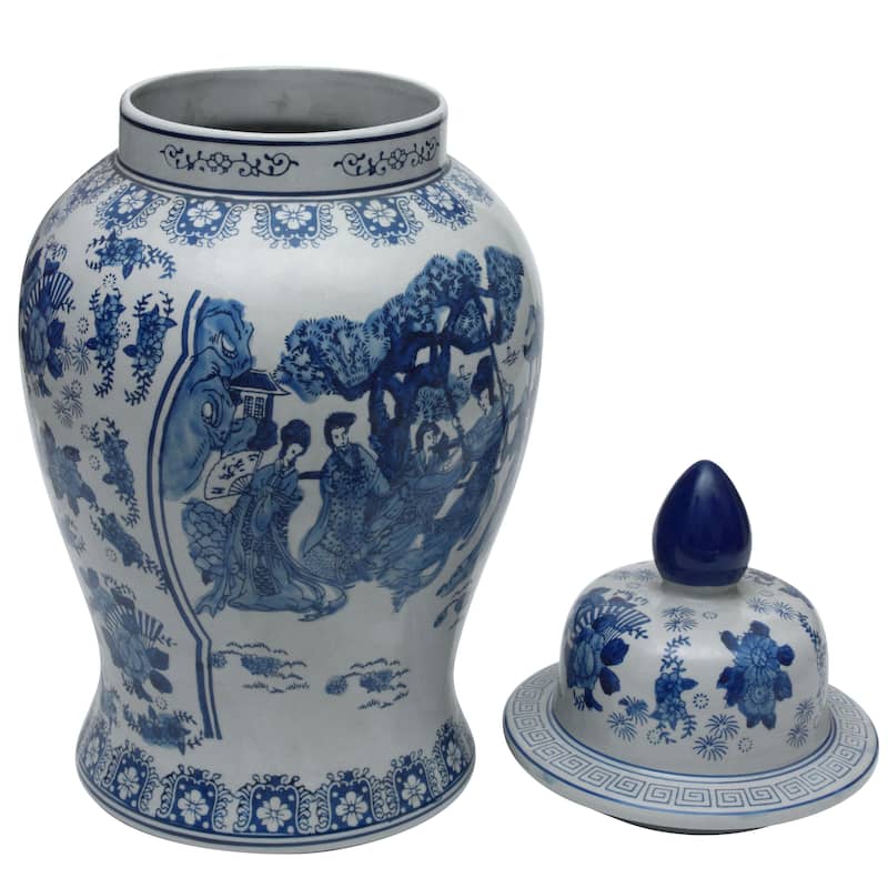 Handmade 24" Ladies Blue and White Porcelain Temple Jar