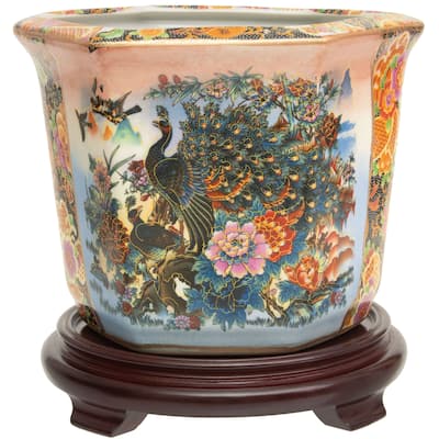 Handmade 10" Satsuma Peacock Porcelain Flower Pot