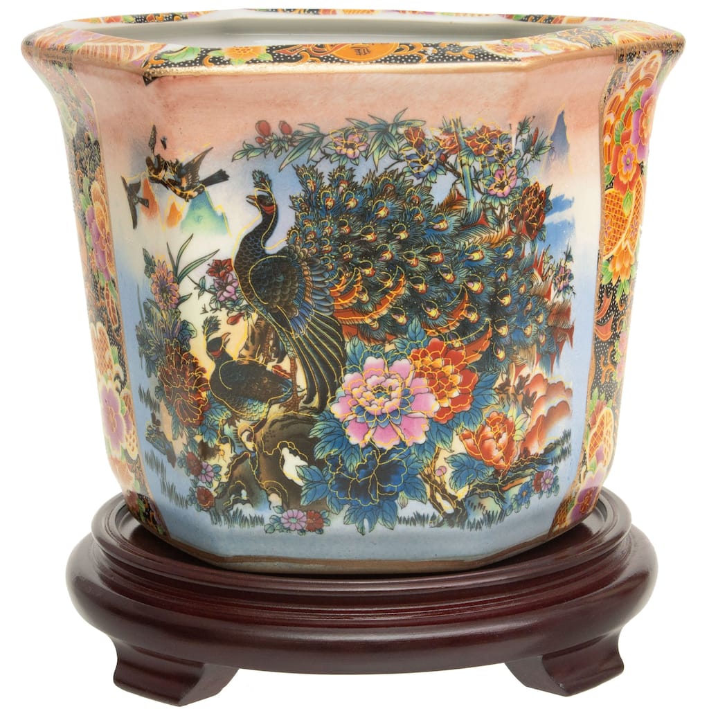 Handmade 10" Satsuma Peacock Porcelain Flower Pot