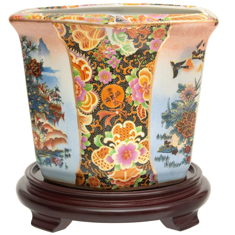 Handmade 10" Satsuma Peacock Porcelain Flower Pot