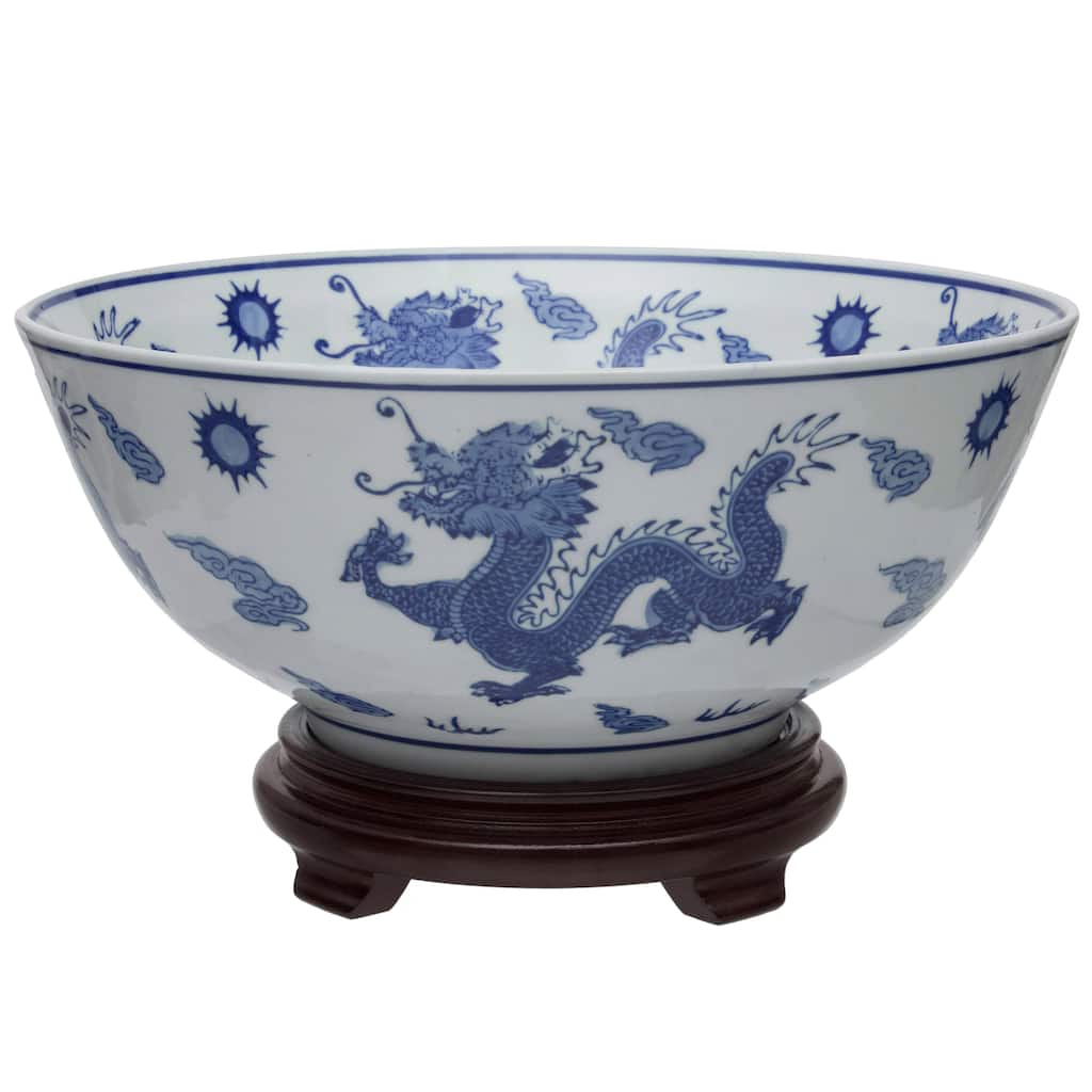 Handmade 14" Dragon Blue and White Porcelain Bowl