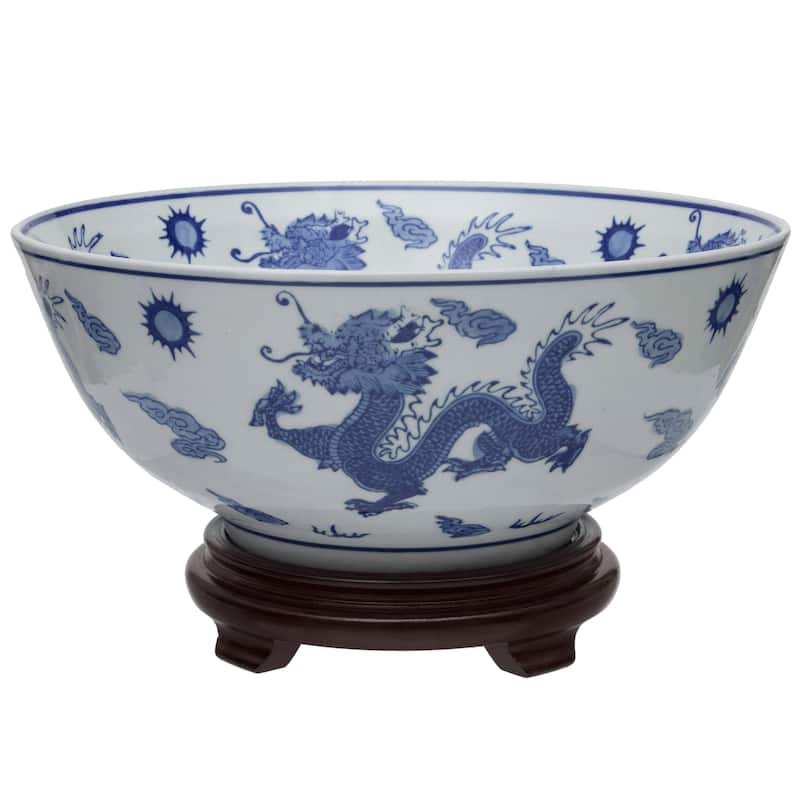 Handmade 14" Dragon Blue and White Porcelain Bowl